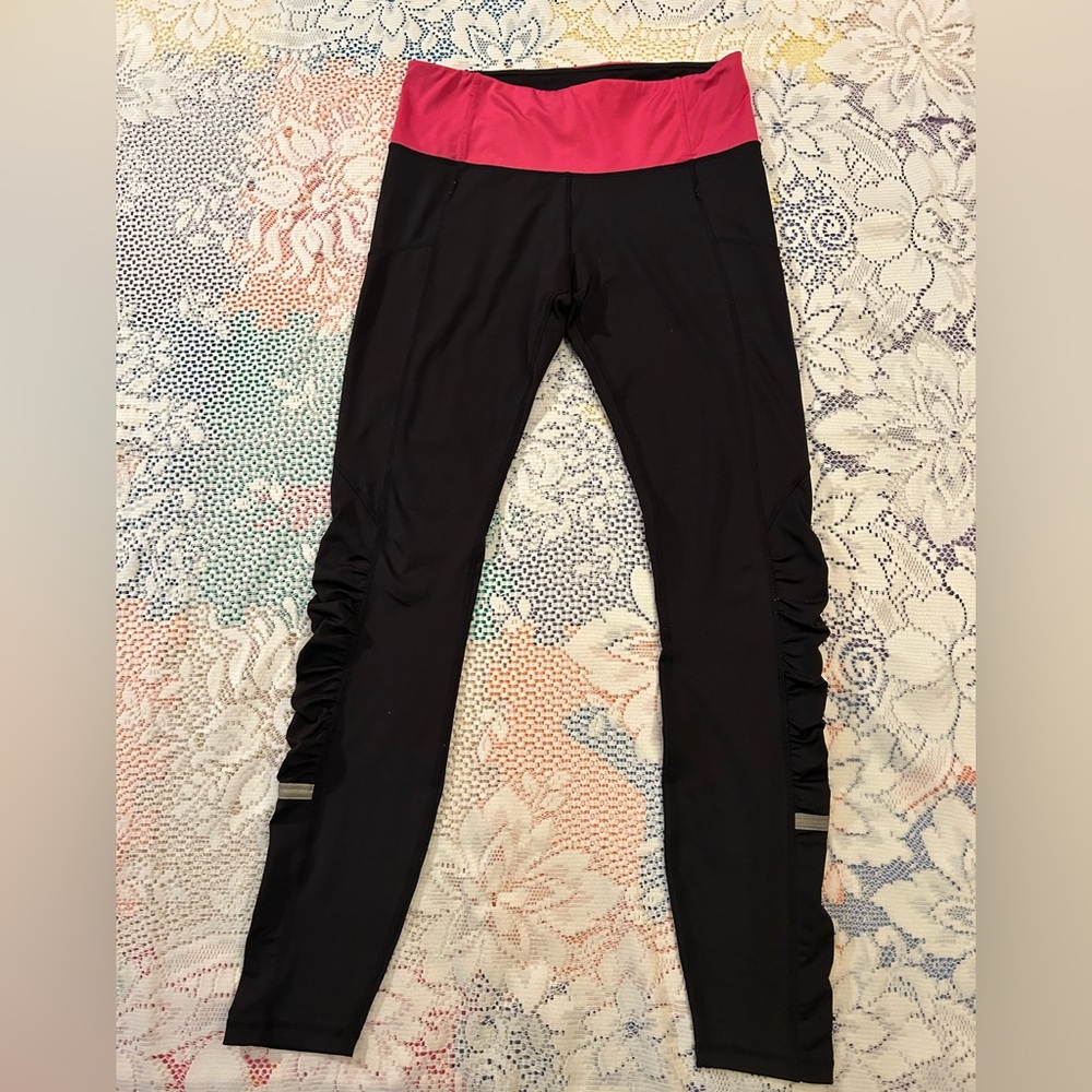 Samsara yoga Black Leggings with Pink Waistband and Side Ruched Panels